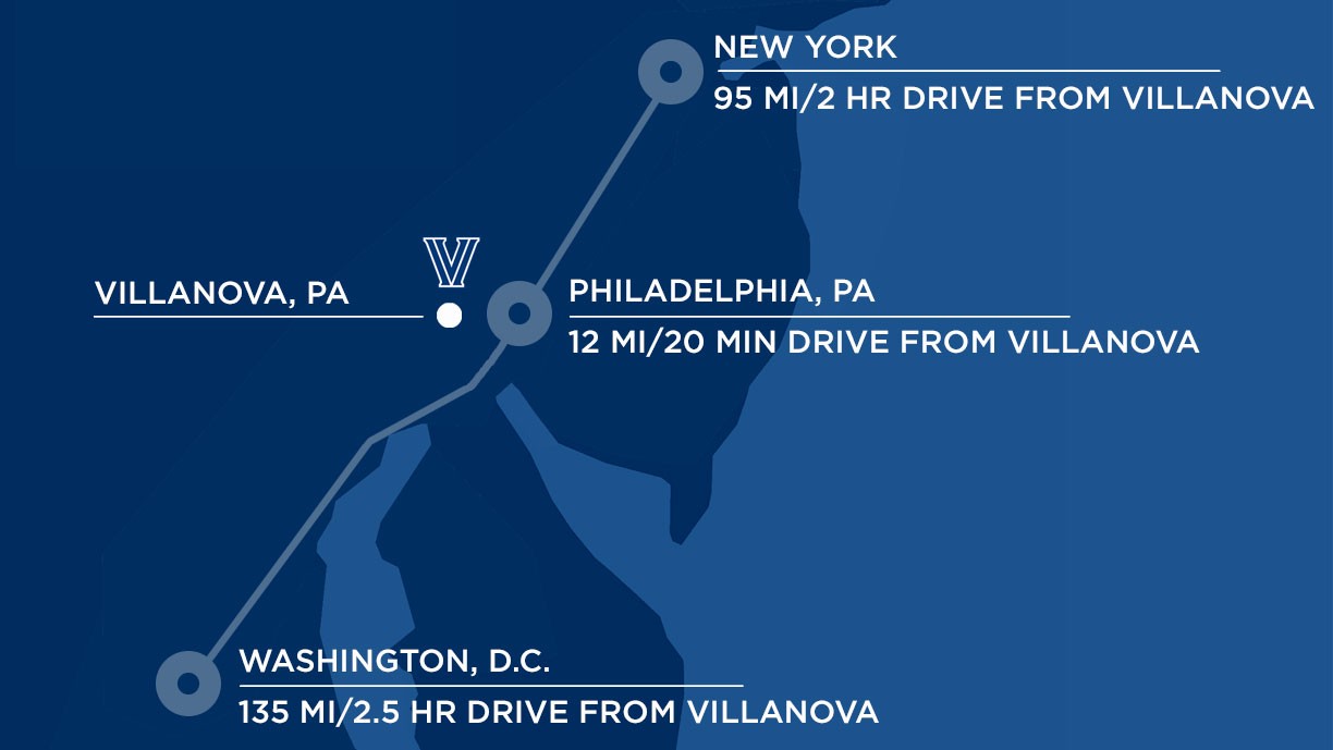A map drawing that shows NYC is 95mi/2-hr drive to 杏吧原版, Philadelphia is 12mi/20-min drive to 杏吧原版, Washington DC is 135mi/2.5-hr drive to 杏吧原版 